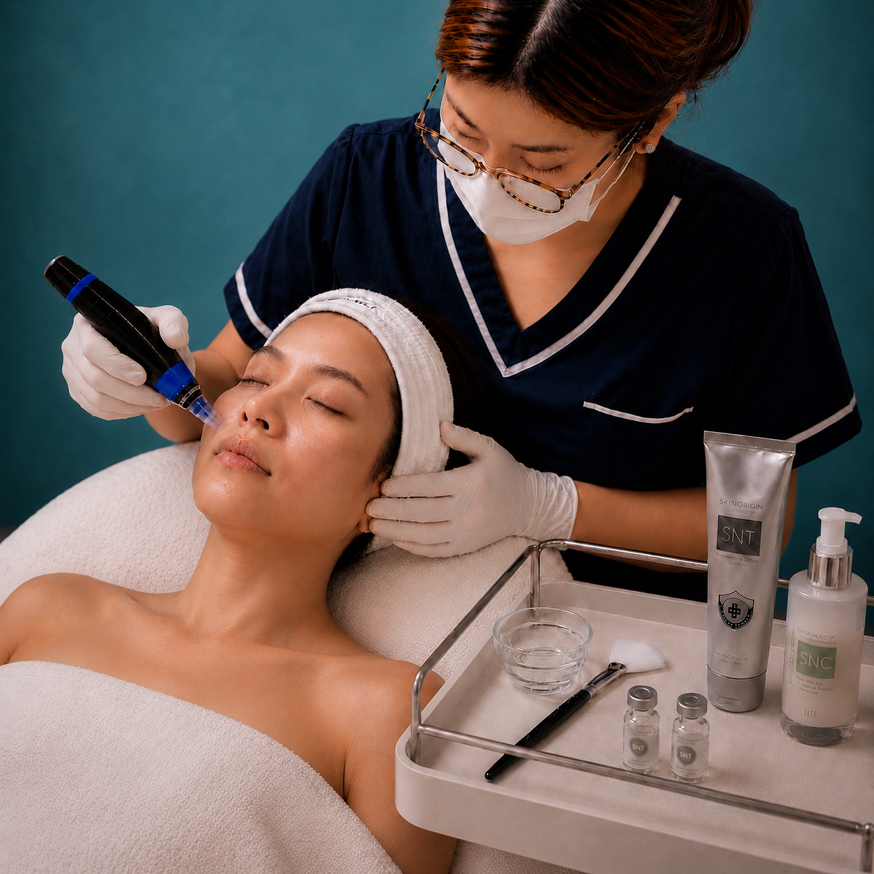 Therapist performing NAD+ microneedling facial treatment